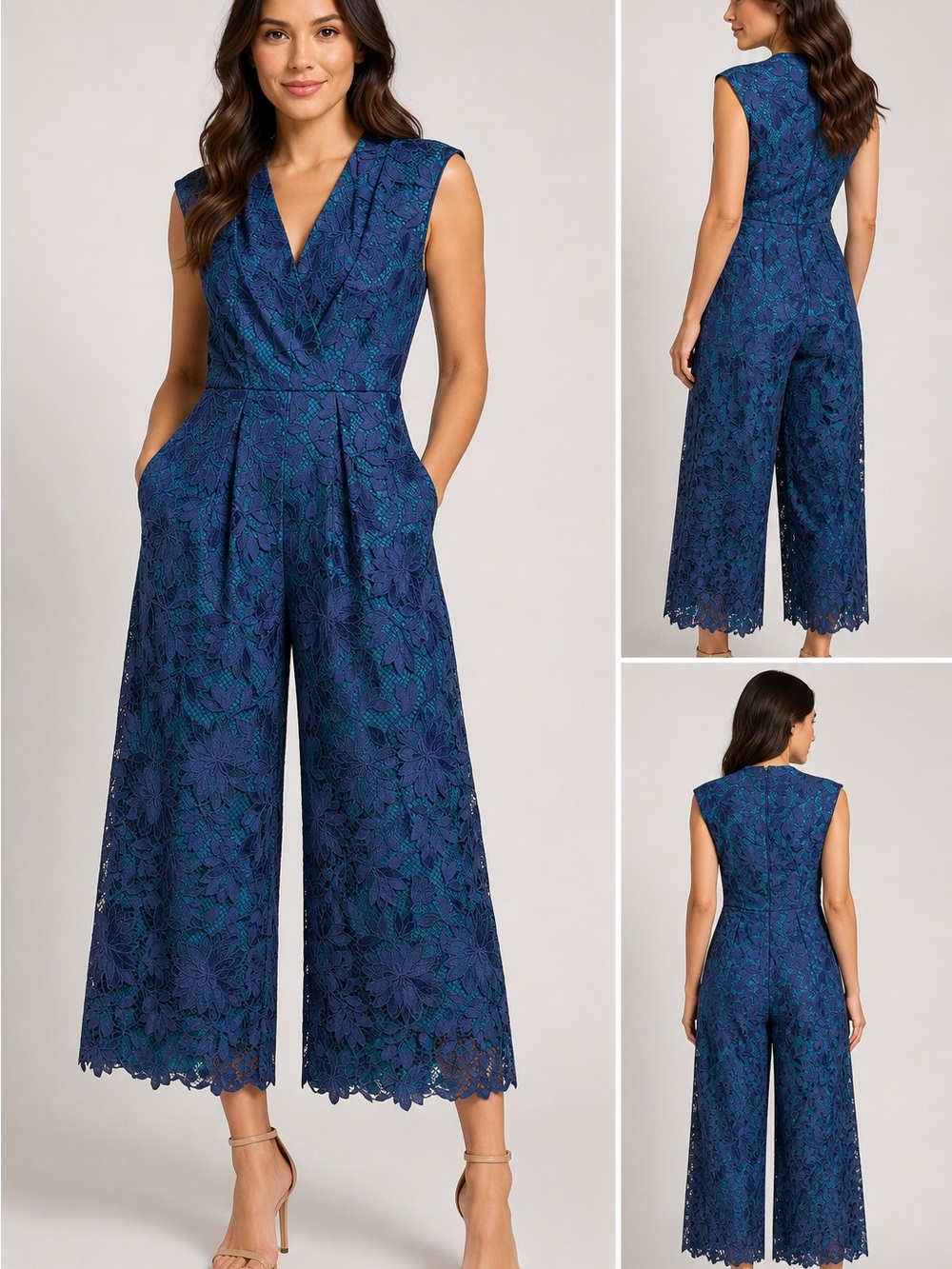 Kay Unger Floral Lace Wide Leg Jumpsuit Size 4